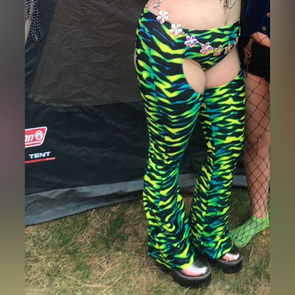 Club Ex blue green and yellow zebra print chap pants